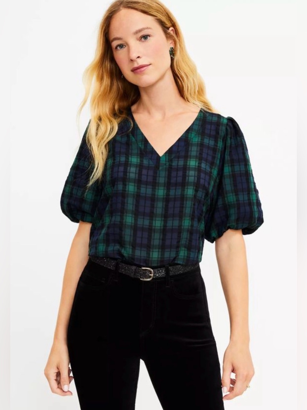 Loft Plaid Puff Sleeve Too